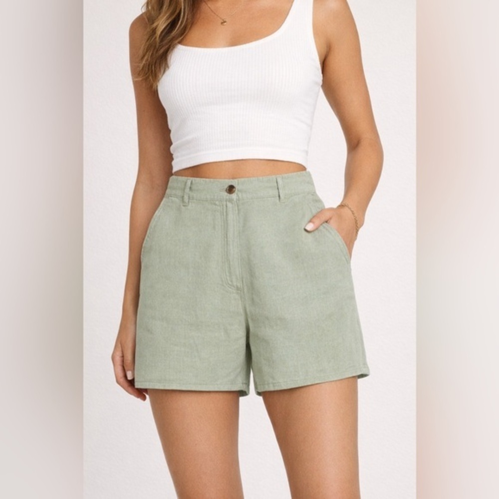 H&M Women's Shorts High Waist Linen Blend Light Green XL
